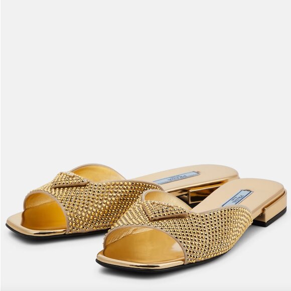 Prada Satin Crystal Embellished Gold Slide Mules Sandals 36, 1XX642 - Picture 11 of 16
